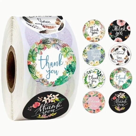 NEW 5 ROLLS OF THANK YOU MULTI COLORED FLORAL PACKAGE STICKERS (2500 TOTAL) 1" - Picture 1 of 3